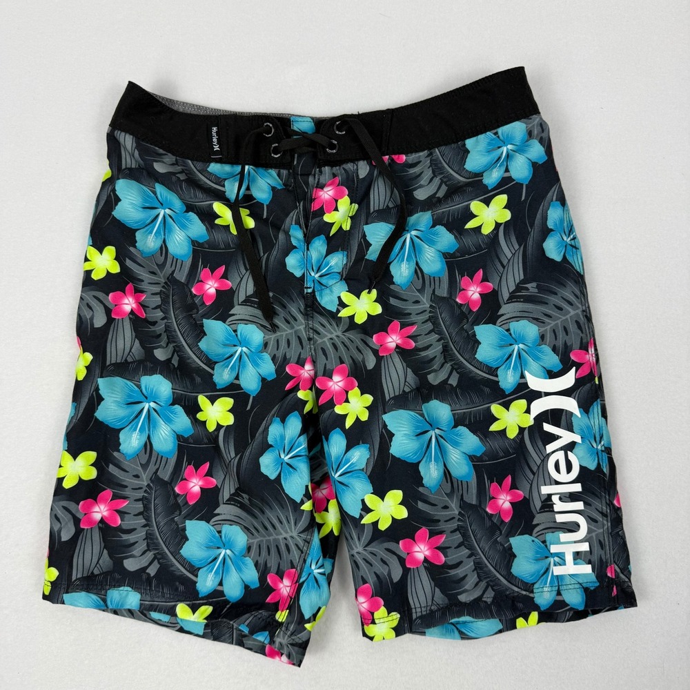 Hurley Boys Black‎ Floral Print Board Shorts Swim Trunks Size 10